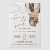 Teddybeer, bruine heteluchtballon, eerste verjaard vellum uitnodigingen (Voorkant)