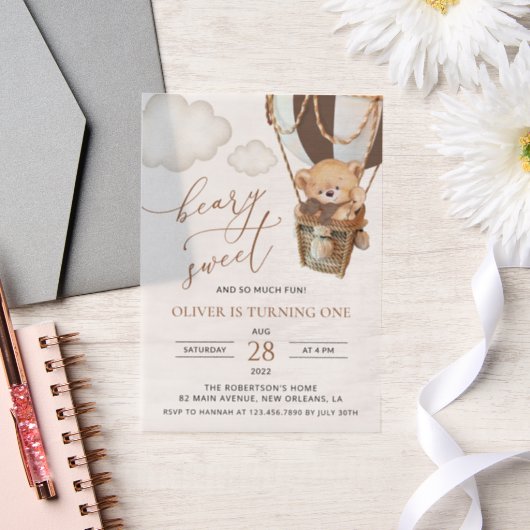 Teddybeer, bruine heteluchtballon, eerste verjaard vellum uitnodigingen (Huwelijk)