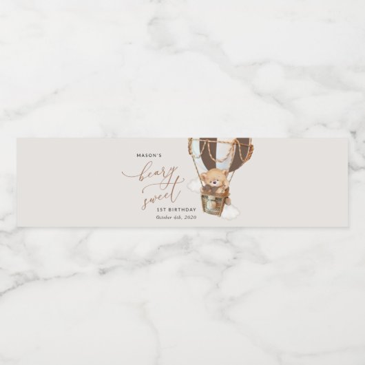 Teddybeer, bruine heteluchtballon, eerste verjaard waterfles etiket (Enkel label)