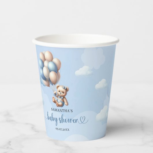 Teddybeer daalt af van de blauwe luchtballonnen papieren bekers (Voorkant)
