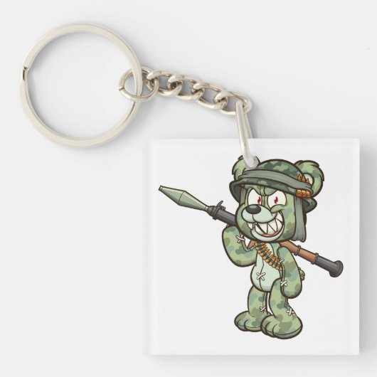 Teddybeer die een militaire helm draagt en een sleutelhanger (voorkant)