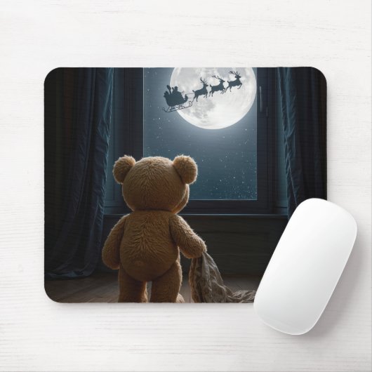 Teddybeer die naar de Kerstman kijkt Muismat (Met muis)