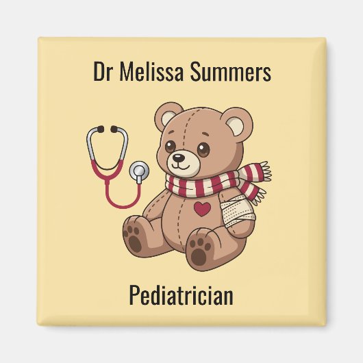 Teddybeer Dokter Kinderarts Aangepaste Tekst Geel Magneet (Voorkant)