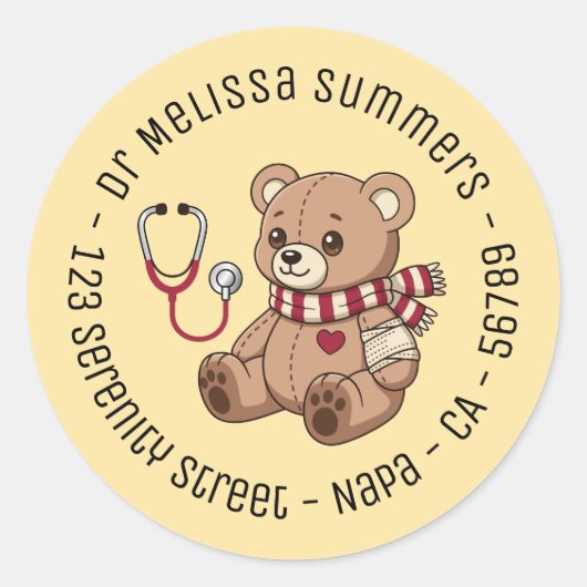 Teddybeer Dokter Ronde Tekst Geel Sticker (Voorkant)