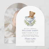Teddybeer Doop Witte Boog Uitnodiging (Voorkant / Achterkant)