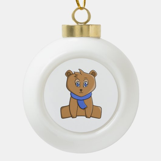 Teddybeer draagt een blauwe sjaal keramische bal ornament (Voorkant)