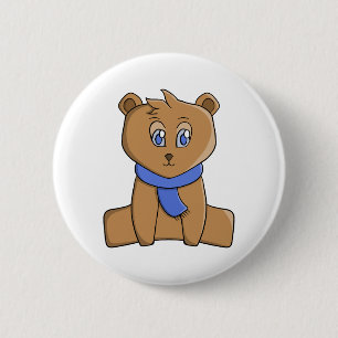 Teddybeer draagt een blauwe sjaal ronde button 5,7 cm