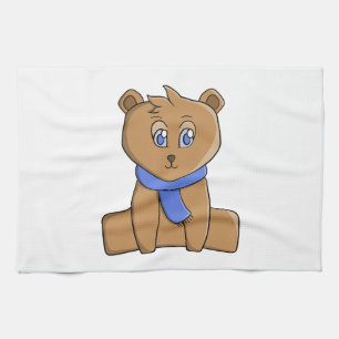 Teddybeer draagt een blauwe sjaal theedoek