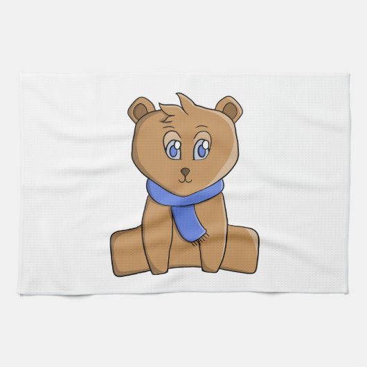 Teddybeer draagt een blauwe sjaal theedoek (Horizontaal)