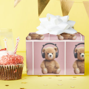 Teddybeer draagt een hoofdtelefoon cadeaupapier