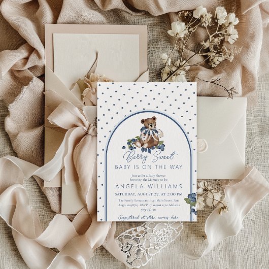 Teddybeer Dusty Blue Berry Zoet Baby shower Kaart