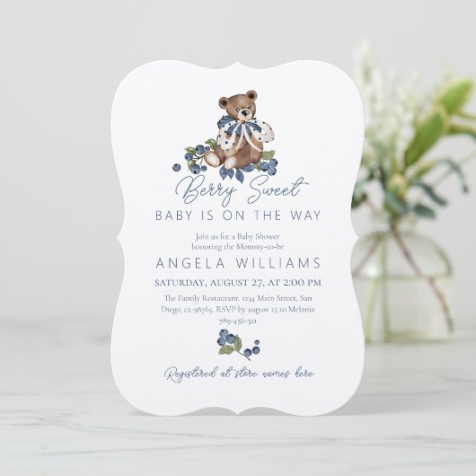 Teddybeer Dusty Blue Berry Zoet Baby shower Kaart (Staand voorkant)