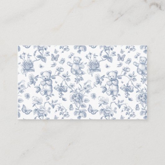 Teddybeer Dusty Blue Toile Boeken voor Baby shower Informatiekaartje (Achterkant)