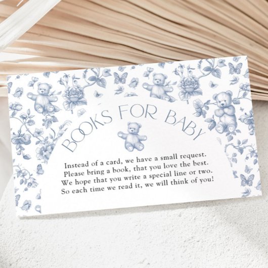 Teddybeer Dusty Blue Toile Boeken voor Baby shower Informatiekaartje