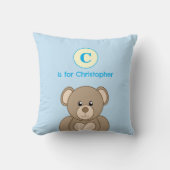 Teddybeer eerste naam kinderen blauw kussen (Voorkant)