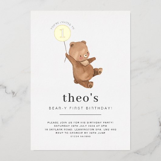 Teddybeer Eerste Verjaardag Goud Folie Uitnodiging (Voorkant)