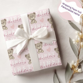 Teddybeer EERSTE verjaardag roze themafeest Cadeaupapier