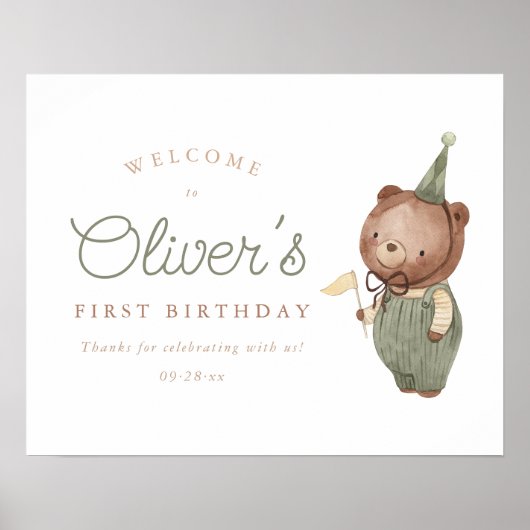 Teddybeer eerste verjaardagsfeest welkomstbord poster (Voorkant)