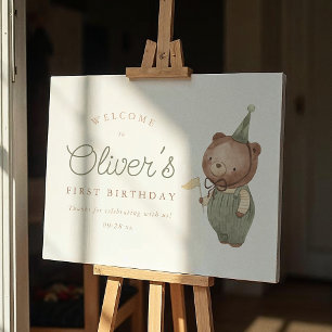 Teddybeer eerste verjaardagsfeest welkomstbord poster