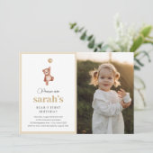 Teddybeer eerste verjaardagsfeestje met foto kaart (Staand voorkant)