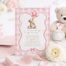 Teddybeer Elegante Pastel Roze Gingham Baby Shower
