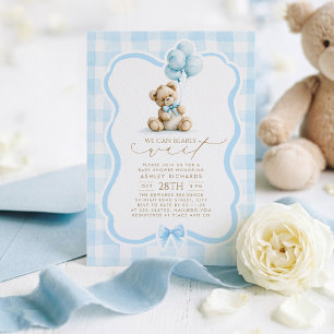 Teddybeer Elegante Pastelblauwe Gingham Baby Showe Kaart
