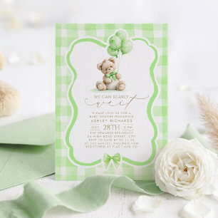 Teddybeer Elegante Saliegroene Gingham Baby Shower Kaart