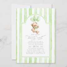 Teddybeer Elegante Saliegroene Strepen Baby Shower