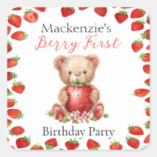 Teddybeer en Aardbei Eerste Verjaardag Vierkante Sticker