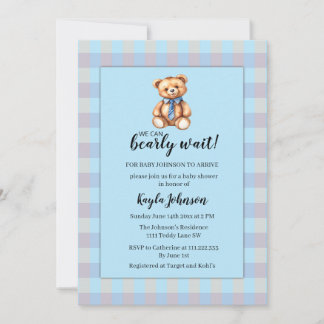 Teddybeer en blauwe geruite baby shower kaart