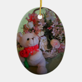 Teddybeer en bloemen keramisch ornament