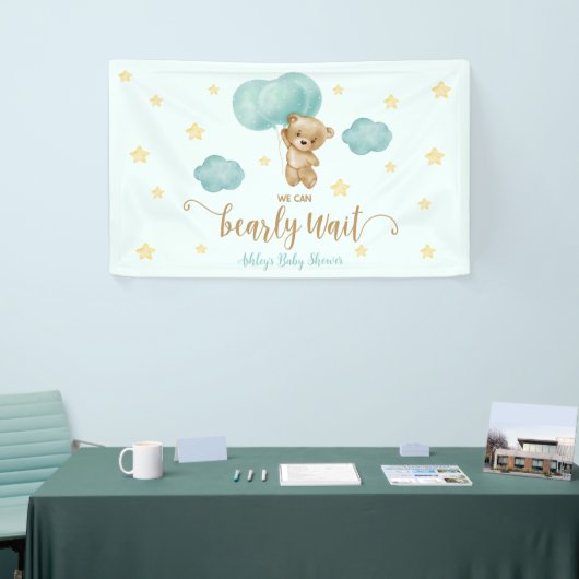 Teddybeer en Blue Balloons Baby shower Party Spandoek (Beurs)