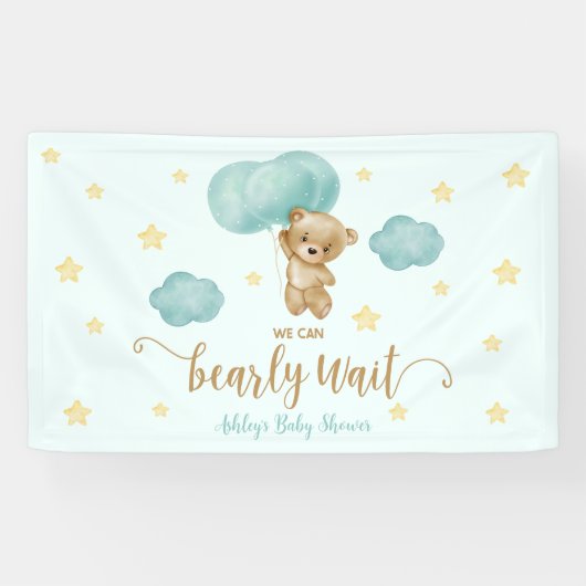 Teddybeer en Blue Balloons Baby shower Party Spandoek (Horizontaal)