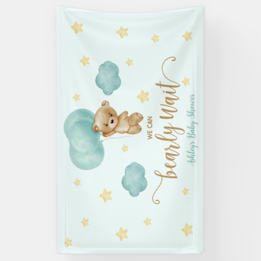 Teddybeer en Blue Balloons Baby shower Party Spandoek (Verticaal)
