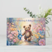 Teddybeer en Bunny In Pastel Tuin Baby shower Aankondiging (Staand voorkant)