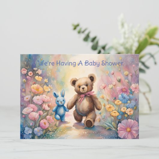 Teddybeer en Bunny In Pastel Tuin Baby shower Aankondiging (Staand voorkant)