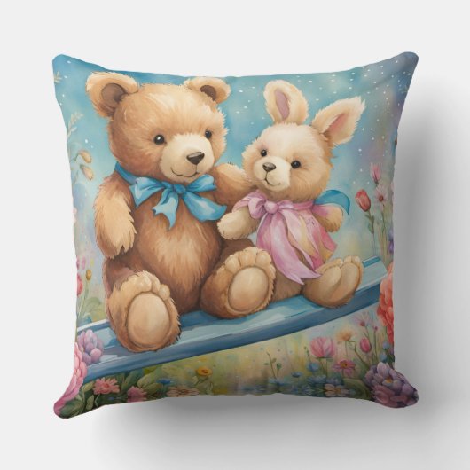 Teddybeer en Bunny Zittend in de tuin Kussen (Achterkant)