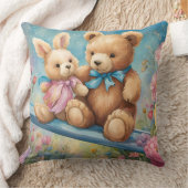 Teddybeer en Bunny Zittend in de tuin Kussen (Deken)
