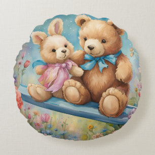 Teddybeer en Bunny Zittend in de tuin Rond Kussen