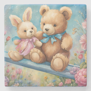 Teddybeer en Bunny Zittend in de tuin Stenen Onderzetter
