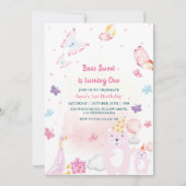 Teddybeer en eend 1e verjaardag baby meisje kaart (Voorkant)