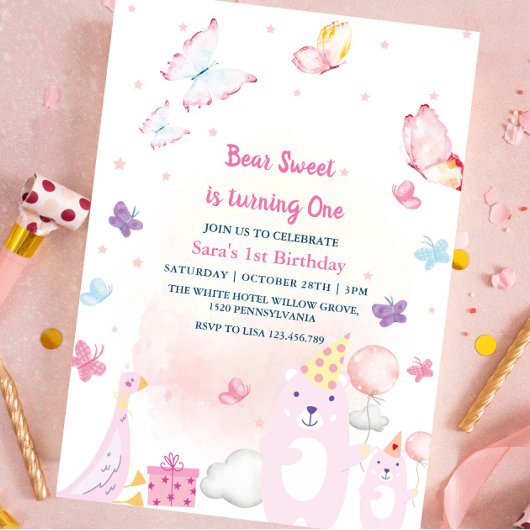 Teddybeer en eend 1e verjaardag baby meisje kaart