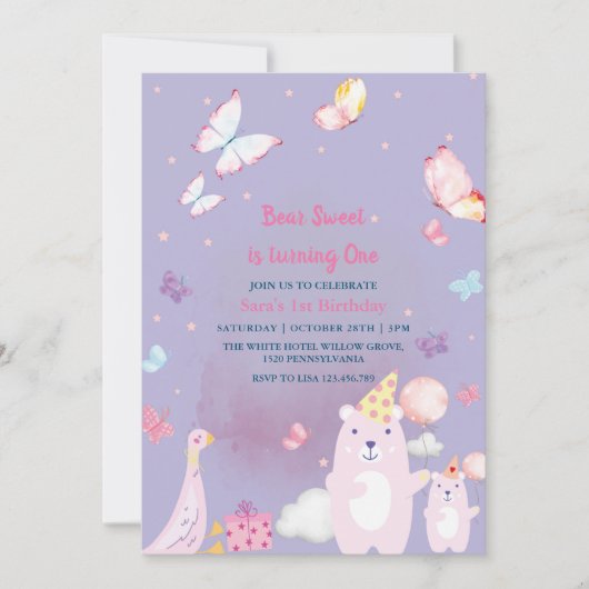 Teddybeer en eend Paarse 1e verjaardag baby meisje Kaart (Voorkant)