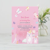 Teddybeer en eend Roze 1e verjaardag baby meisje Kaart (Staand voorkant)