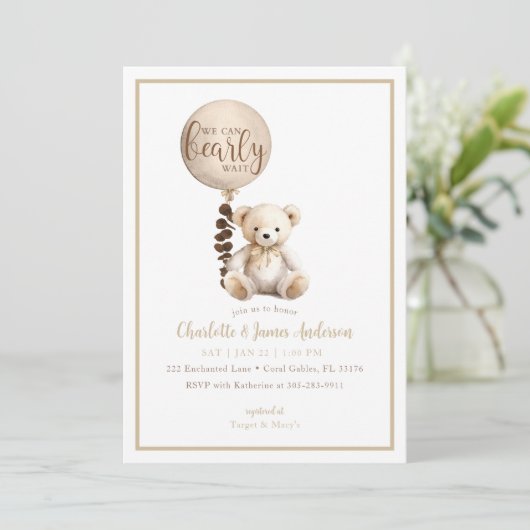 Teddybeer en Eucalyptusballon Baby shower Kaart (Staand voorkant)