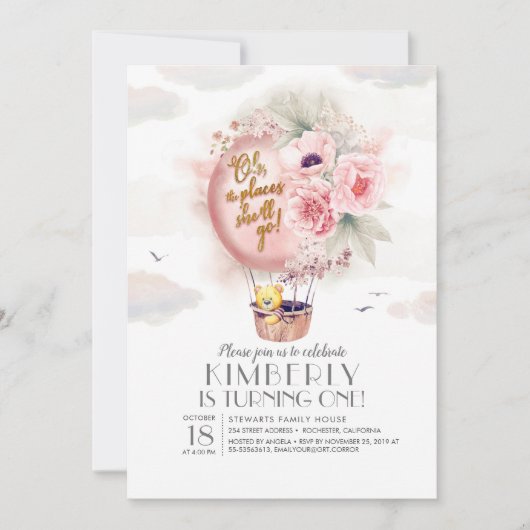 Teddybeer en Floral heteluchtballon Kind Verjaarda Kaart (Voorkant)