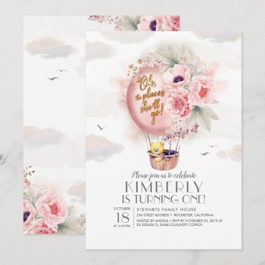 Teddybeer en Floral heteluchtballon Kind Verjaarda Kaart (Voorkant / Achterkant)