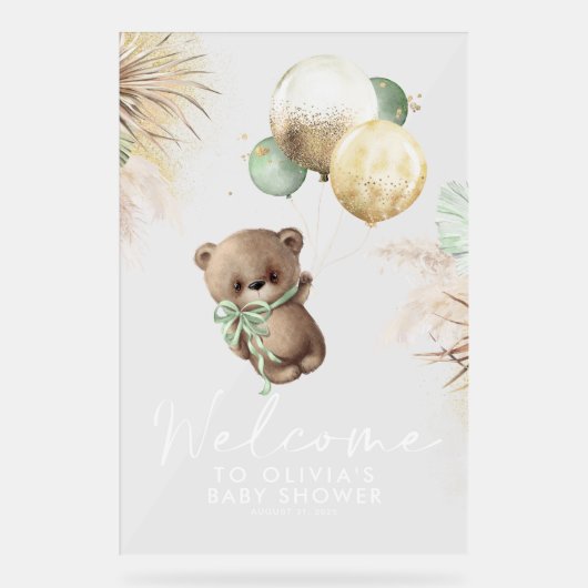 Teddybeer en groene ballonnen Baby shower Welkom Acryl Bord (Voorkant)