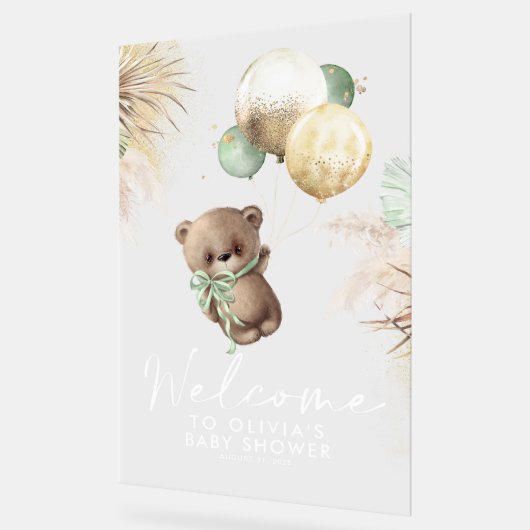 Teddybeer en groene ballonnen Baby shower Welkom Acryl Bord (Hoek)