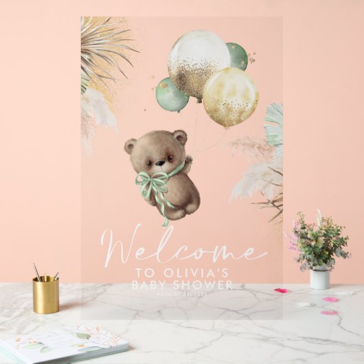 Teddybeer en groene ballonnen Baby shower Welkom Acryl Bord (Huwelijk)